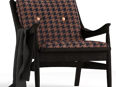 Classic Houndstooth Pattern Armchair With Brass Buttons Wooden Armrests And Dark Blanket 3d model