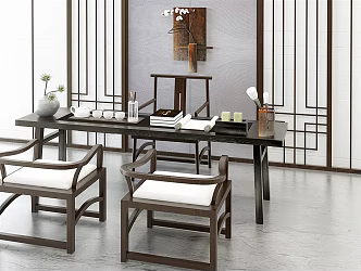 New Chinese Style Desk Chair Tea Set Tea Table Chair 3d model