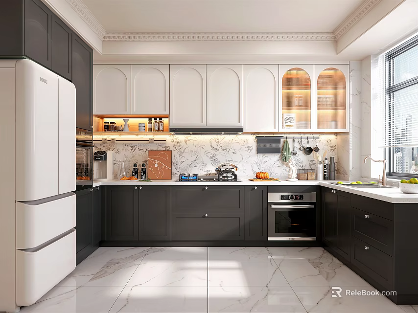 Modern Kitchen Interior With Dark White Cabinets Marble Countertop And Appliances 3d model 