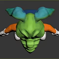 3D Green Alien Creature Character Wearing Orange Outfit With Blue Straps And White Gloves