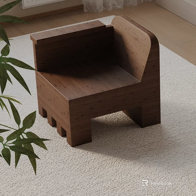 Solid Wooden Minimalist Leisure Chair On Light Carpet With Green Plant 3d model 