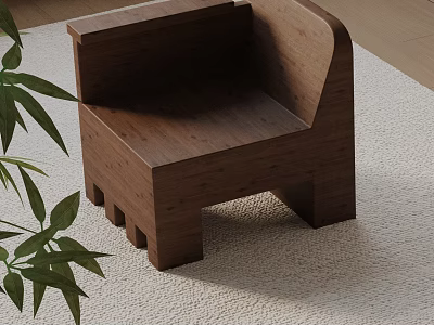 Solid Wooden Minimalist Leisure Chair On Light Carpet With Green Plant 3d model
