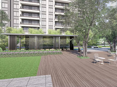 Pergola in Modern High Rise Apartment Area With Trees Lawn Wooden Deck and White Chairs 3d model
