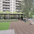 Pergola in Modern High Rise Apartment Area With Trees Lawn Wooden Deck and White Chairs