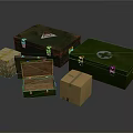 Green Wooden And Brown Cardboard Boxes Featuring Vintage Style Various Sizes Metal Clasps White Symbols