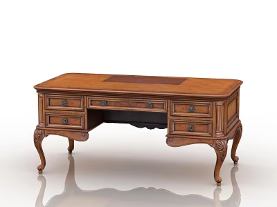 Classic Wooden Writing Desk With Leather Inlay Top Carved Legs And Drawers 3d model