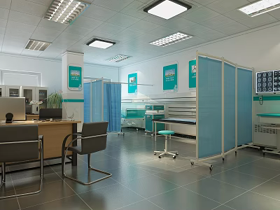 Medical Examination Room Interior With Blue Dividers Desk Chairs Ceiling Lights And Tiled Floor 3d model