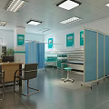 Medical Examination Room Interior With Blue Dividers Desk Chairs Ceiling Lights And Tiled Floor