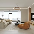 Modern Living Dining Room With Beige Sofa Coffee Table Round Chandelier And Decorative Rug