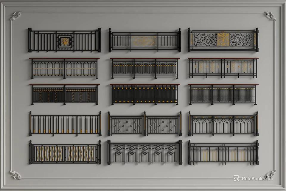 Collection Of Decorative Railings With Various Design Patterns And Different Styles 3d model 