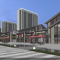 Modern Commercial Street With High Rise Buildings Shops Huawei Store Outdoor Seating And Spacious Plaza