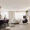 Modern Living And Dining Room Interior With White Sofa Purple Chairs Circular Chandeliers And Fireplace