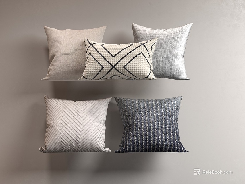 Stylish Beige Gray Decorative Pillows With Crisscross Geometric And Striped Patterns For Home Decor 3d model 