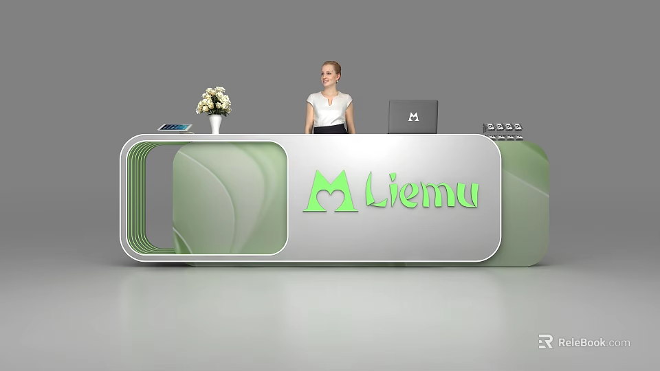 Green And White Reception Desk With Liemu Logo Fresh Flowers And Laptop 3d model 