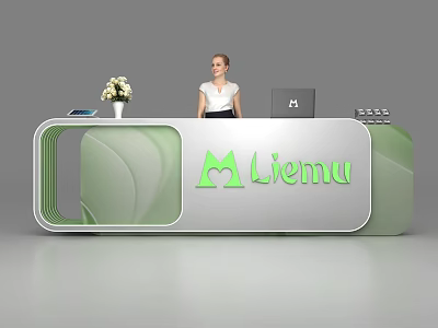 Green And White Reception Desk With Liemu Logo Fresh Flowers And Laptop 3d model