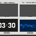 85 And 75 Inch TV Screens Showing Digital Clock And Blue Wave Pattern