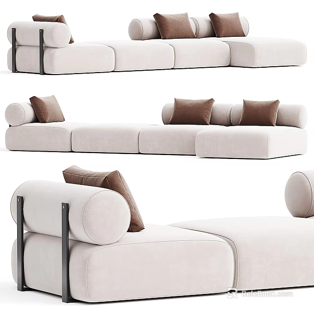 Modern Beige Linen Sectional Sofa With Brown Cushions And Metal Frame Details 3d model 