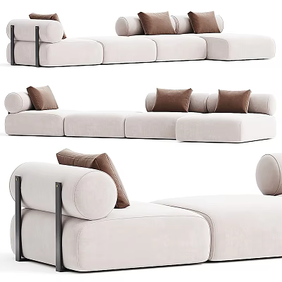 Modern Beige Linen Sectional Sofa With Brown Cushions And Metal Frame Details 3d model