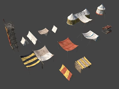 Medieval Campsite Scenery Components With Colorful Striped Tents Fluttering Flags And Wooden Structures 3d model