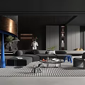 Modern Living Room With Black Sofa Glass Coffee Table Gray Rug And Blue Accents