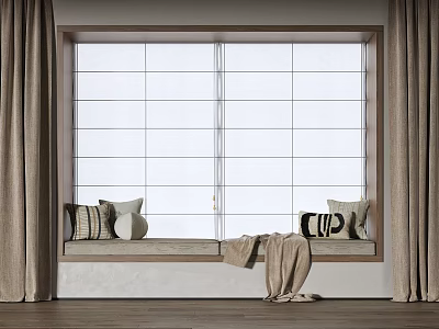 Beige Curtains by Window Seat with Decorative Pillows and Soft Fabric 3d model