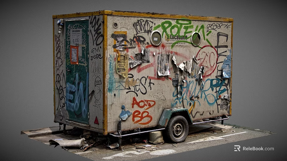 Graffiti Covered Mobile Trailer With Colorful Street Art And Weathered Surfaces Parked On Urban Street 3d model 