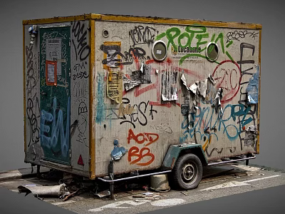 Graffiti Covered Mobile Trailer With Colorful Street Art And Weathered Surfaces Parked On Urban Street 3d model