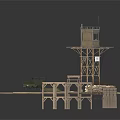 Modern Military Watchtower Structure With Wooden Platform And Green Vehicle Design