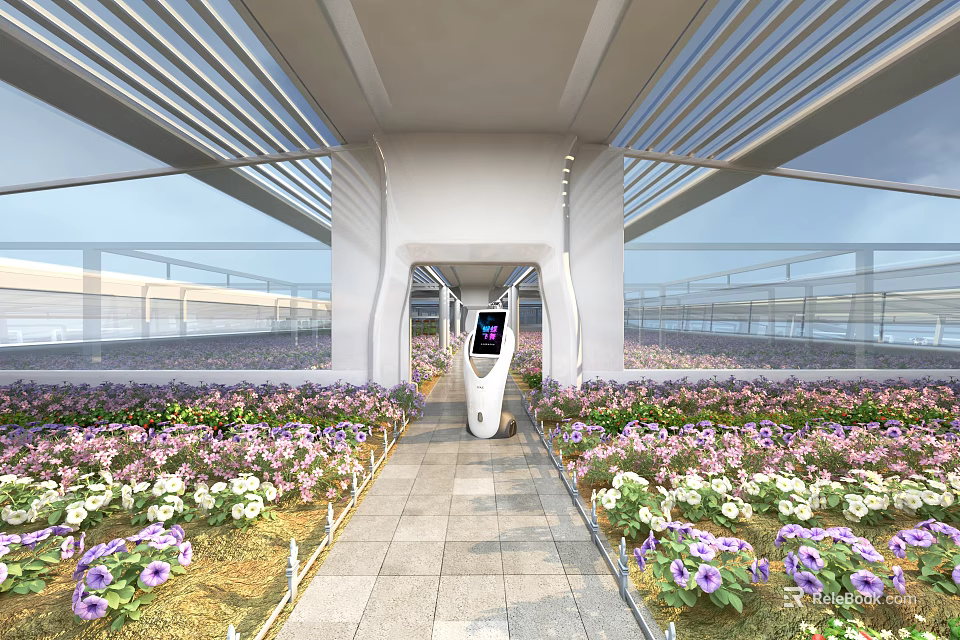 Modern Greenhouse Interior With Stone Path Robot And Various Flowers Under Glass Roof 3d model 