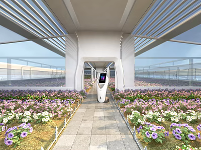 Modern Greenhouse Interior With Stone Path Robot And Various Flowers Under Glass Roof 3d model