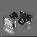 Vintage Silver Black Cameras With Lenses On Blue Surface Design