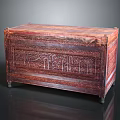 Reddish Brown Wooden Storage Chest with Intricate Carved Patterns and Smooth Texture