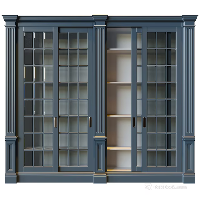 Stylish Navy Blue Wardrobe With Glass Doors And Open Shelves Design 3d model 