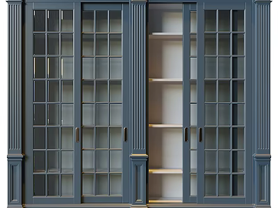 Stylish Navy Blue Wardrobe With Glass Doors And Open Shelves Design 3d model