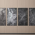 Four Black And White Map Artworks On Wooden Wall For Interior Decoration