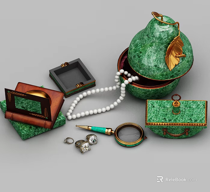 Luxury Jewelry Collection Featuring Green Gemstone Boxes Pearl Necklace Rings And Magnifying Glass 3d model 