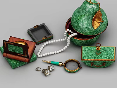 Luxury Jewelry Collection Featuring Green Gemstone Boxes Pearl Necklace Rings And Magnifying Glass 3d model