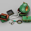 Luxury Jewelry Collection Featuring Green Gemstone Boxes Pearl Necklace Rings And Magnifying Glass