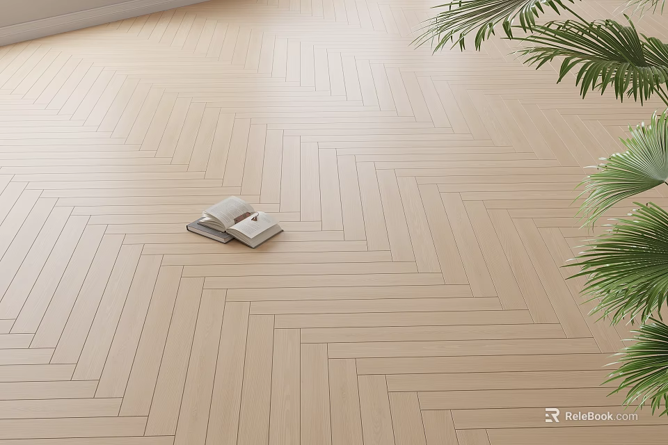 Light Colored Herringbone Pattern Wooden Flooring With Natural Light And Palm Leaves 3d model 