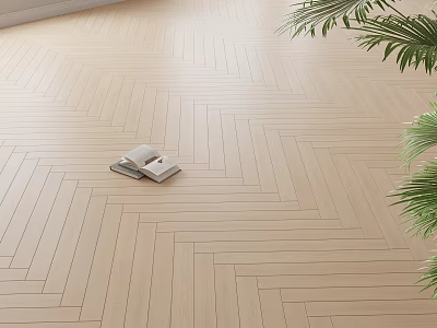 Light Colored Herringbone Pattern Wooden Flooring With Natural Light And Palm Leaves 3d model
