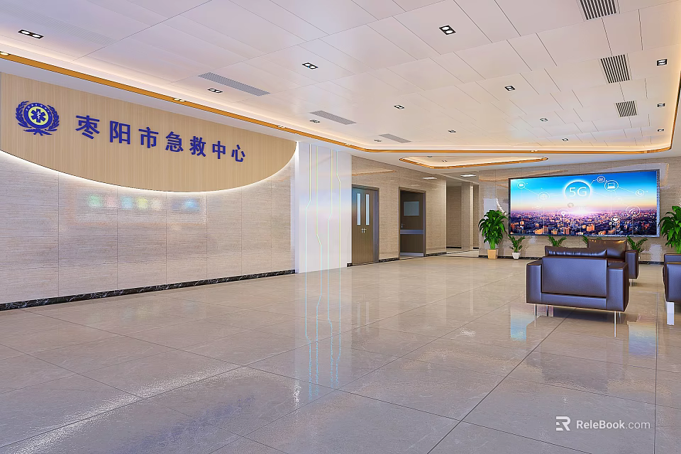 Modern Emergency Center Lobby Front Desk Reception with Sofa Large Screen and Signage 3d model 