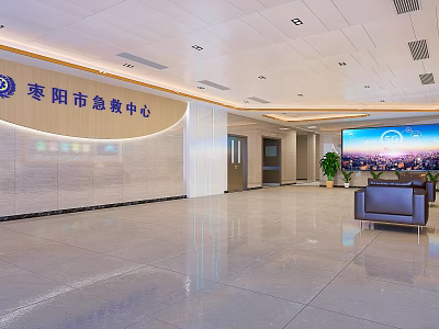 Modern Emergency Center Lobby Front Desk Reception with Sofa Large Screen and Signage 3d model