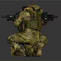 Two Soldiers In Camouflage Uniforms With Tactical Gear Crouching And Aiming Rifles