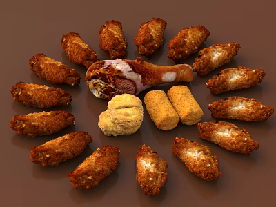 Crispy Fried Chicken Wings Drumstick And Potato Croquettes On Brown Background 3d model