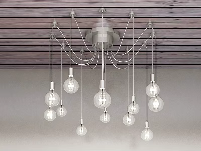 Modern Chandelier With Multiple Clear Glass Bulbs Hanging From Wooden Ceiling 3d model