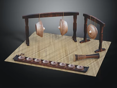 Traditional Percussion Music Equipment With Wooden Frame Hanging Gongs Tray Bowls And Drum 3d model