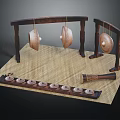 Traditional Percussion Music Equipment With Wooden Frame Hanging Gongs Tray Bowls And Drum