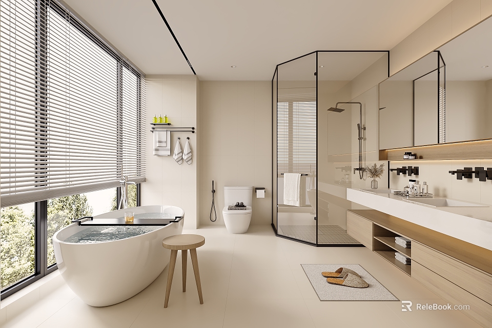 Modern Bathroom With Freestanding Bathtub Glass Shower Double Vanity Large Windows And Blinds 3d model 