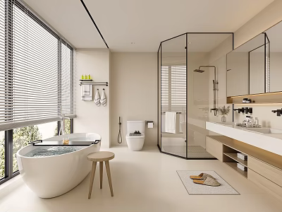 Modern Bathroom With Freestanding Bathtub Glass Shower Double Vanity Large Windows And Blinds 3d model