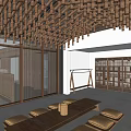 Hotel Public Lounge Area with Wooden Woven Lattice Ceiling Large Windows and Floor Cushions